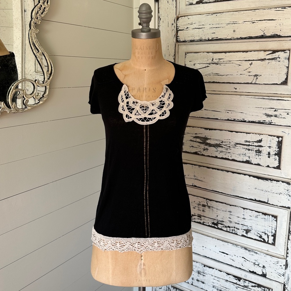 August silk linen blend blouse with crochet detail